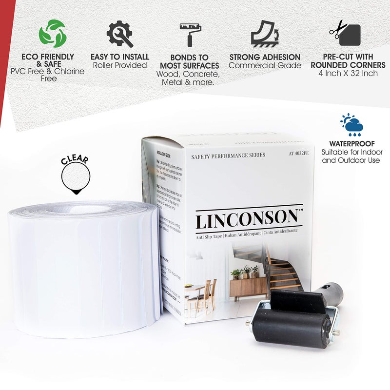 linconson Clear Slip Resistant Stairs Tread Grip Tape | 4â€ x 32â€ | Anti Slip Strips-PVC Free (15 Pack) | Easy Install Roller Included - Image 2